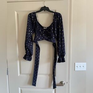 Navy Blue and Gold Women's Wrap Top